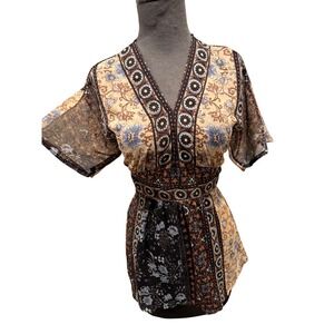 Pink Collection Boho Floral Paisley baby doChiffon V-Neck Tunic Top Brown Blue
